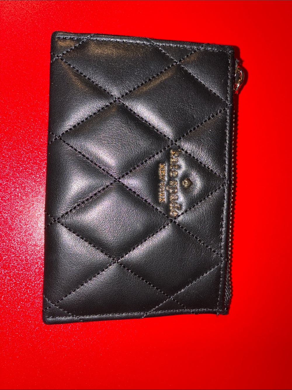 kate spade Black Quilted Leather Zip Card Holder with Gold Logo